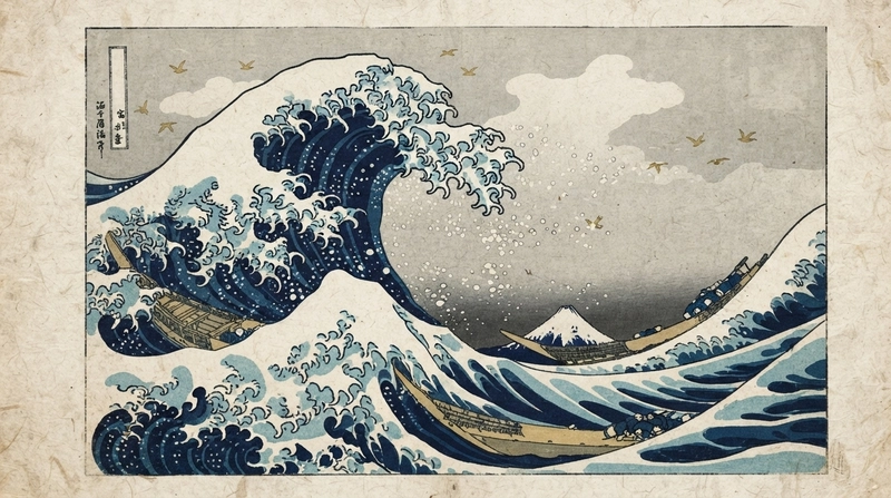 A ukiyo-e style woodblock print of a great wave with boats and a distant mountain