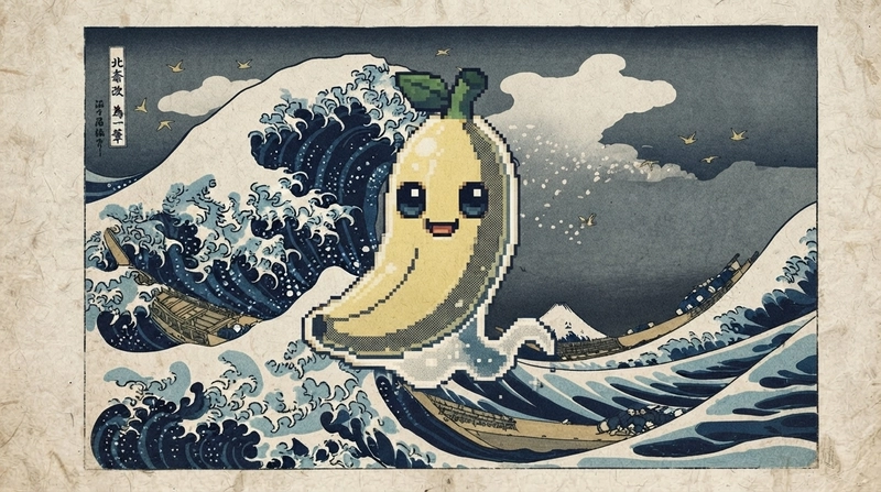 The ghost banana character rendered as a woodblock print