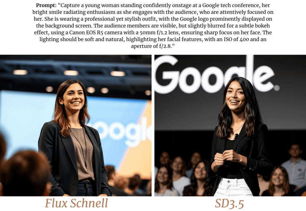 Portrait of a woman giving talk and working at Google tech style generation 