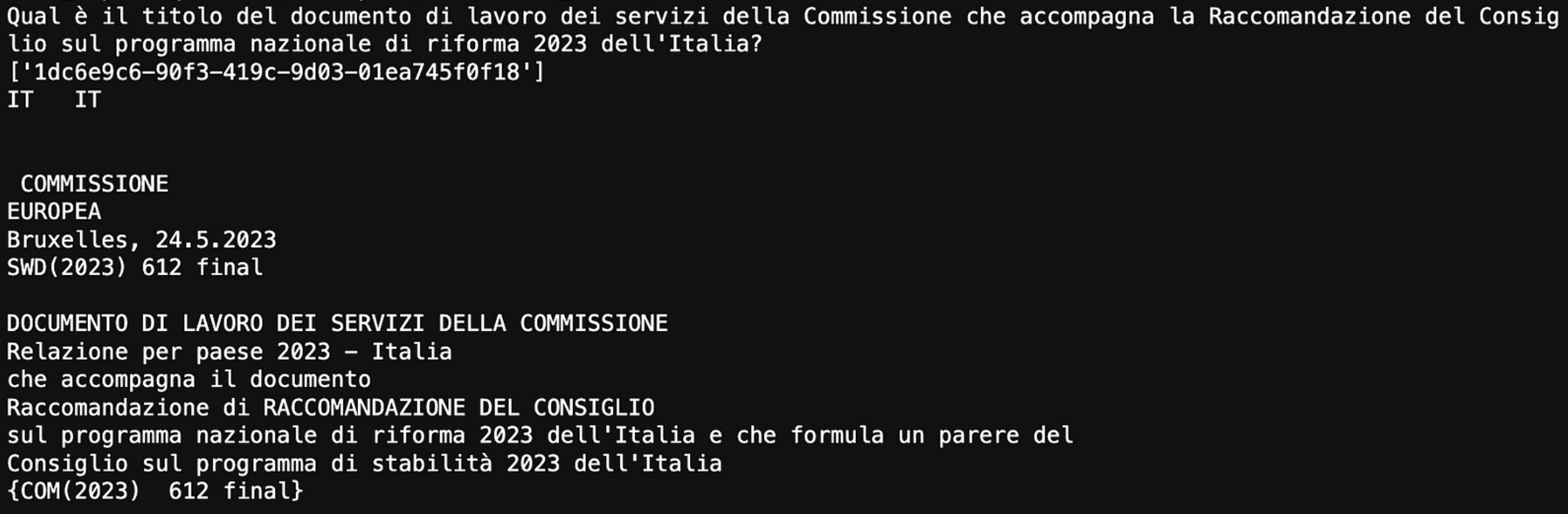 First query from the Italian dataset. Image by author.