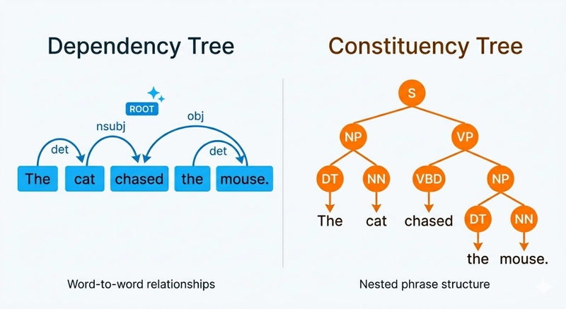 Constituency parse tree vs dependency parse tree for the same sentence showing the structural difference