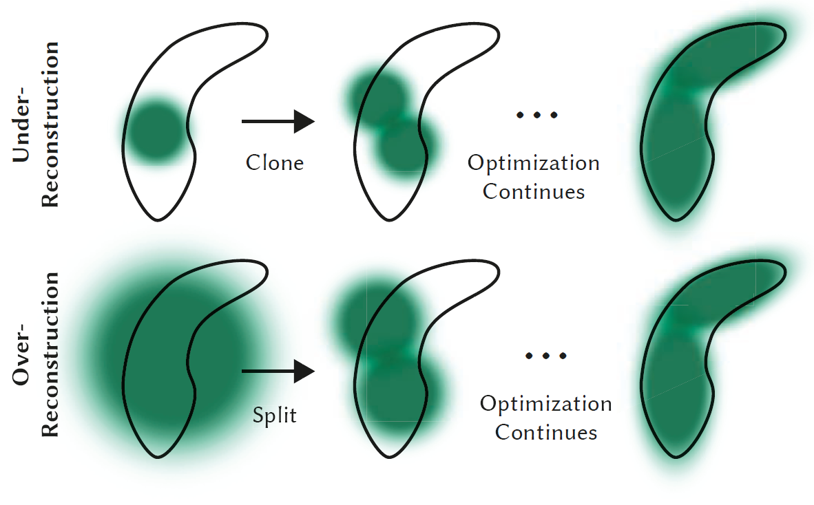 Fig.4: Adaptive Gaussian densification scheme. Image by B. Kerbl et. al.