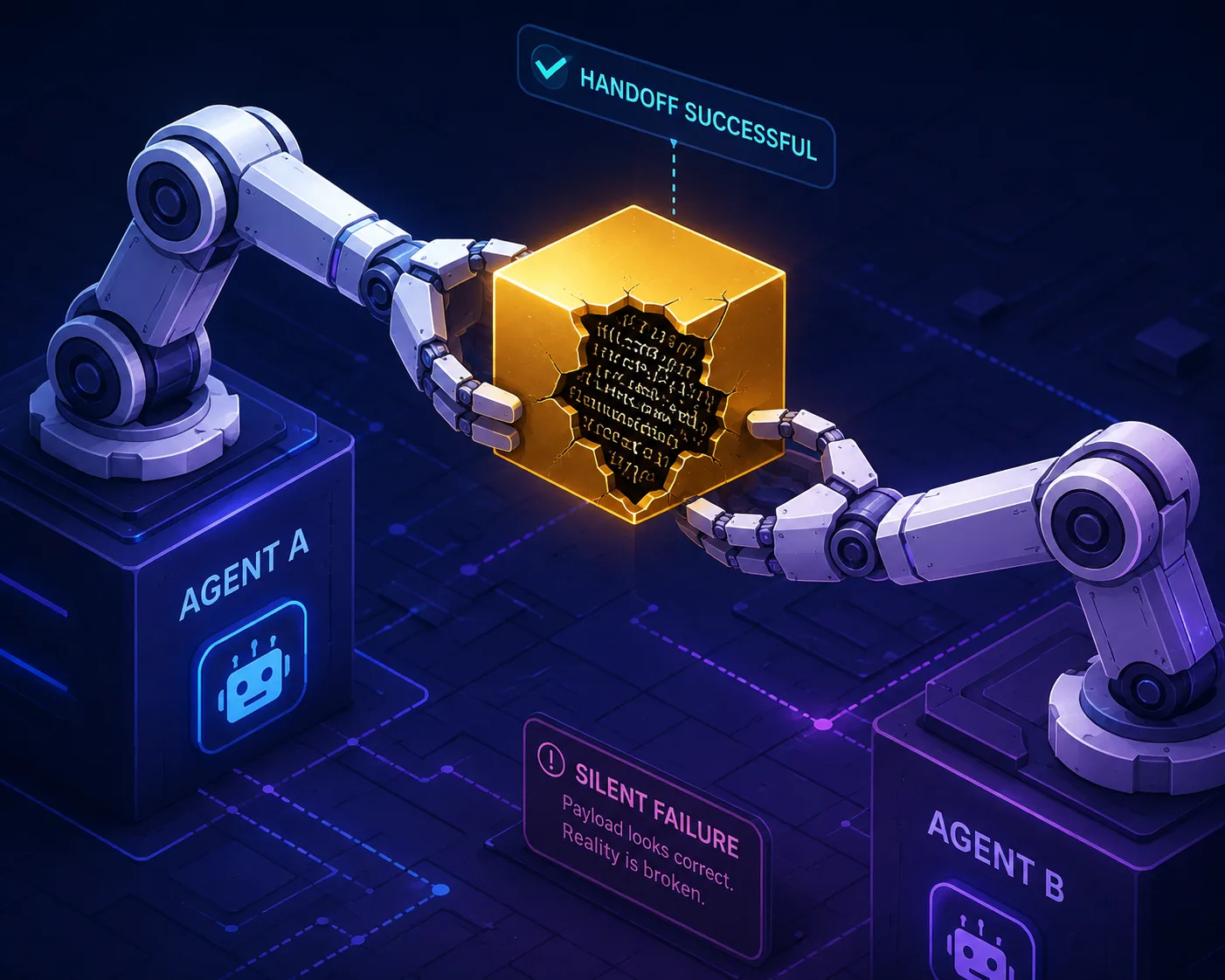 Two robotic arms pass a glowing golden cube. A crack in the cube reveals chaotic, broken code inside, representing a hidden failure in an otherwise successful agent handoff.