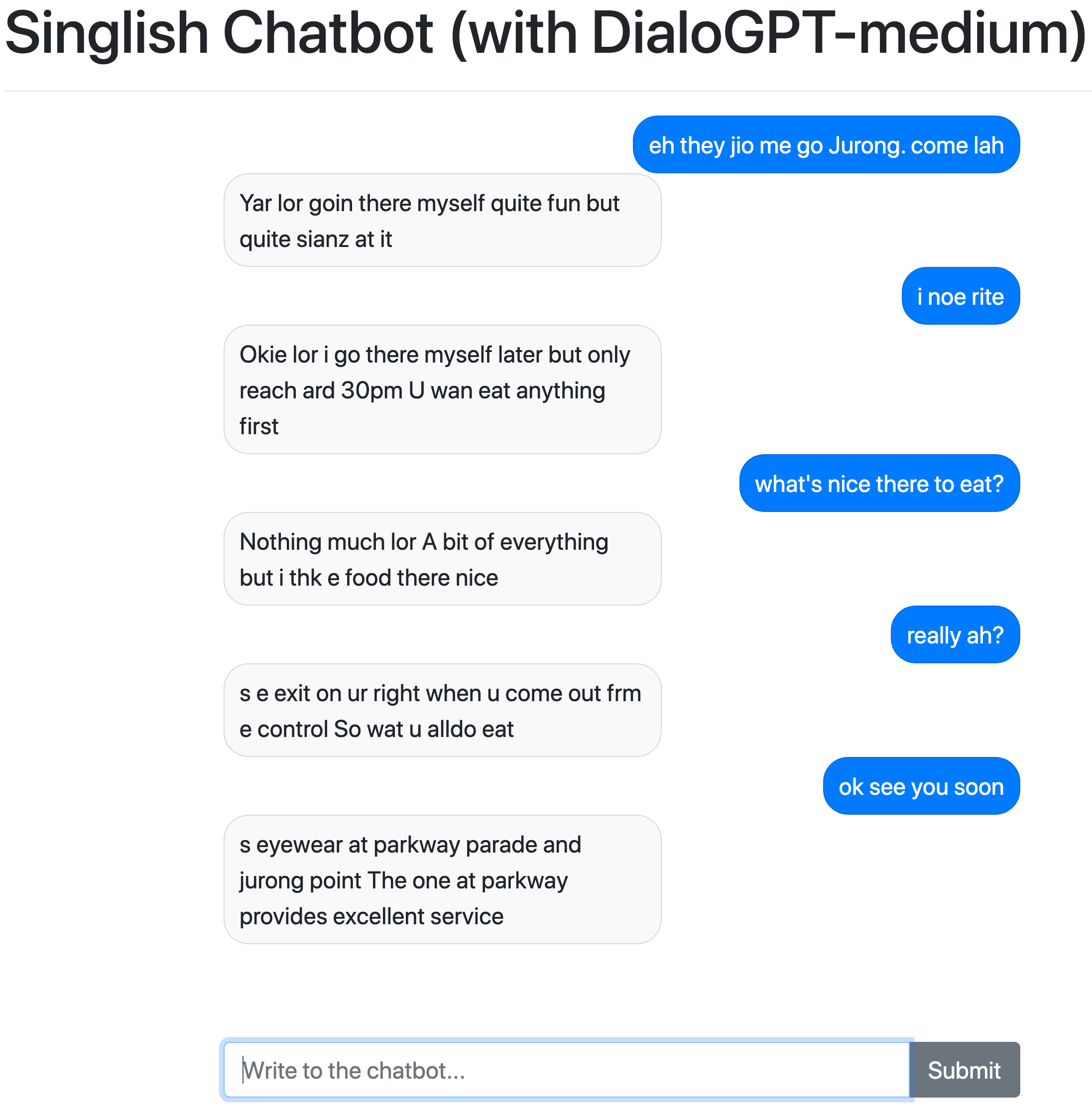 Screen-grab of test run of Singlish Chatbot on Colab.